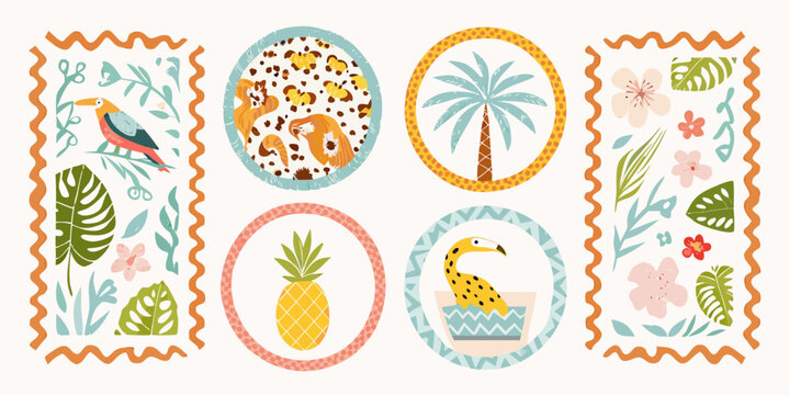 Tropical illustrations featuring toucans pineapples palm trees and floral designs