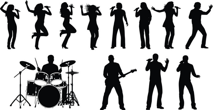 A collection of black silhouettes featuring various musical performers like singers and drummers isolated on white background