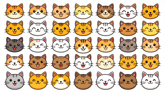 A collection of colorful and cute cartoon cat faces arranged in a grid for design and decoration Vector