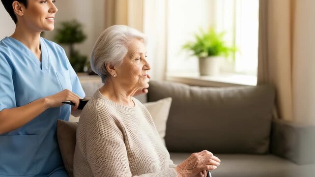 Caregiver brushing hair of an elderly woman at home. Nurse providing personal hygiene assistance and emotional support to senior client during recovery therapy.