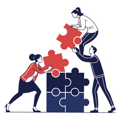 Fototapeta premium Three people working together to build a puzzle