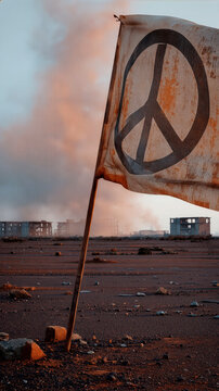 Rusty peace symbol flag in war devastation beside ruins and smoke showing protest against destruction and conflict in barren wasteland