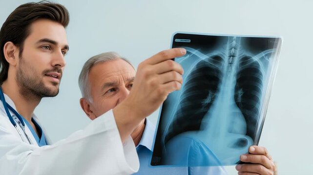 Doctor and senior man examining xray scan. Medical practitioner explaining chest radiograph to elderly patient during health consultation in clinic cabinet room.