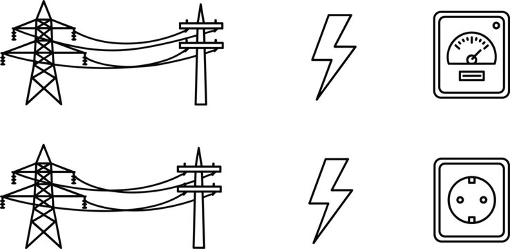 Electricity icon set featuring transmission towers, power lines, lightning bolt symbols, electric meter, and power outlet for energy infrastructure design.