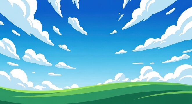 A serene landscape with rolling green hills under a blue sky with fluffy white clouds on a sunny day