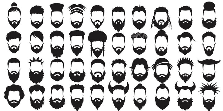 Man face portrait with full beard moustache and haircut black silhouette vector collection .vector icon
