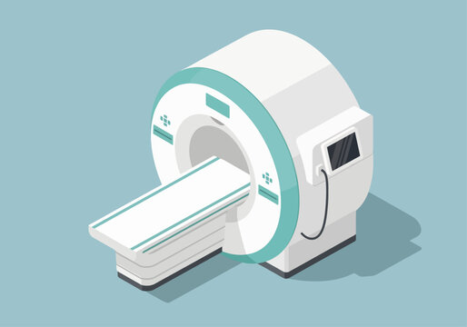A minimalist isometric vector illustration of a modern white and teal MRI medical scanner featuring a wide central tunnel, an extended sliding patient bed, and an attached touchscreen digital monitor