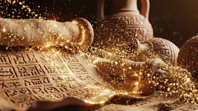 Ancient scroll with glowing hieroglyphs and pottery, mystical energy particles