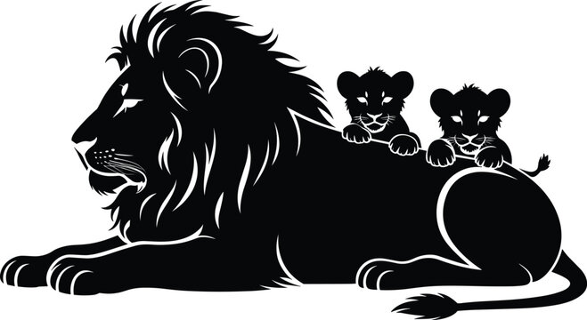 Lion silhouette with two cubs resting on his back representing paternal protection wildlife family bond and king of the jungle