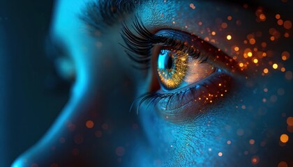 Fototapeta premium Macro view of a human eye with golden iris reflecting abstract digital patterns. Blue light illuminates skin with glowing particles. Focus on vision and future tech concepts.