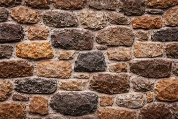Obraz premium A detailed close up view of a rustic wall constructed from uneven natural brown fieldstone rocks