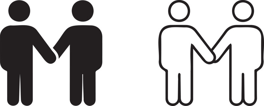 Two people shaking hands icon set vector in solid black and outline styles for business, partnership, and agreement concepts