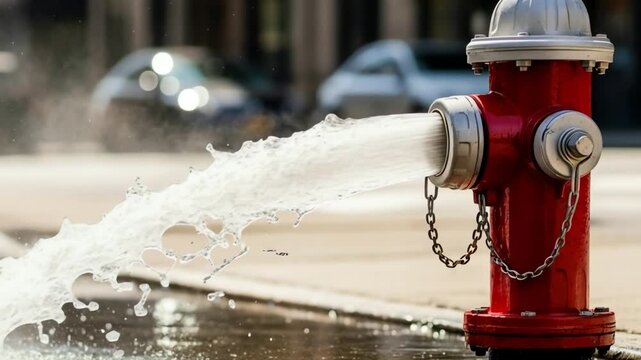 Red fire hydrant with water flowing on urban street  