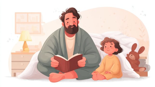Illustration of dad reading to his child under a blanket in a cozy bedroom scene