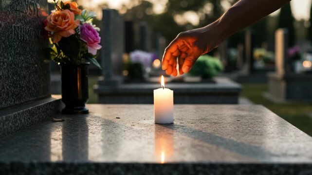 Hand lighting candle on gravestone in cemetery during sunset  
