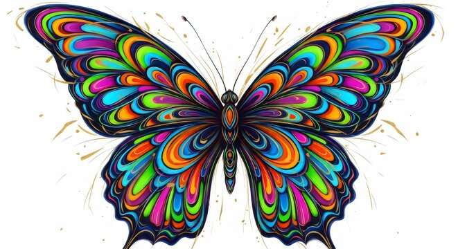  Vibrant Abstract Butterfly Illustration with Neon Patterns and Gold Details