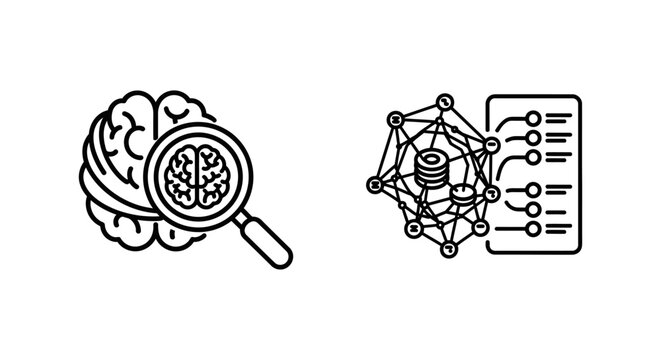 Brain with magnifying glass for AI explainability and network graph with data for model interpretability, showcasing artificial intelligence concepts