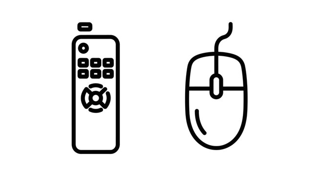 Remote control and computer mouse icons, representing input devices and control for electronics and technology, clean vector graphics