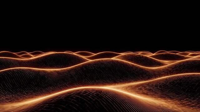 Abstract glowing wave landscape with orange neon lines, futuristic digital terrain background