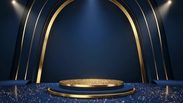 Luxury podium stage with gold and blue arches, elegant product display background