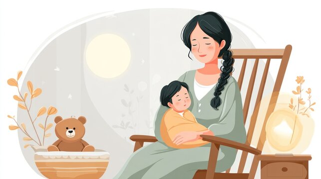Cartoon mom holding a sleeping baby, in a rocking chair, with soft lighting