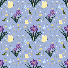 Fototapeta premium Spring seamless pattern with purple snowdrops and yellow butterflies