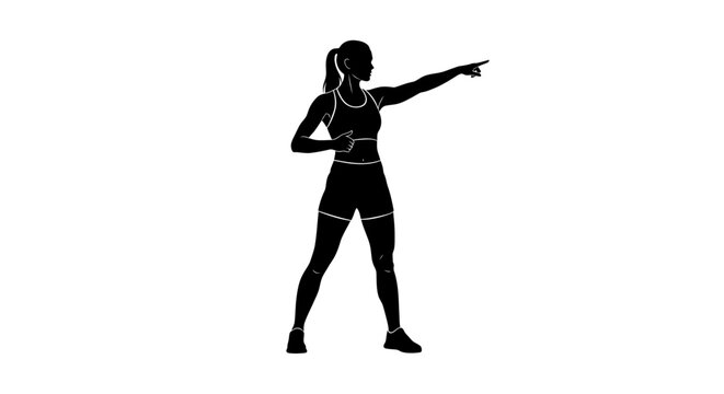 Woman in athletic wear pointing forward with her right hand and thumb up with her left hand wearing a sports bra and shorts
