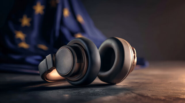 Headphones and EU flag for European Accessibility Act (EAA) concept.