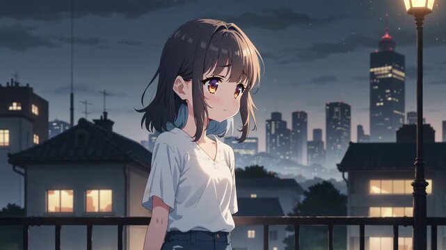 Anime girl standing on balcony at night city skyline, peaceful urban evening scene