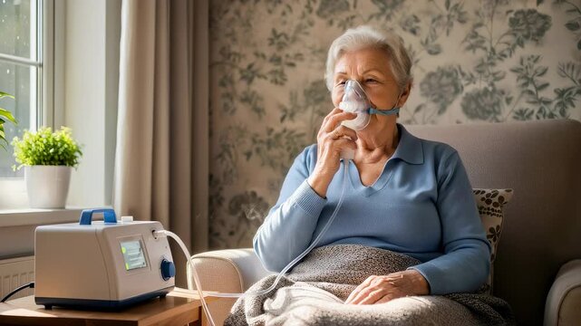 Elderly woman using a medical nebulizer for asthma treatment at home. Senior patient breathing through a mask to improve respiratory health and recovery process.