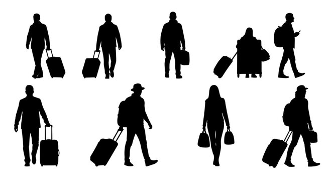 Silhouette of people walking with luggage and bags on white background