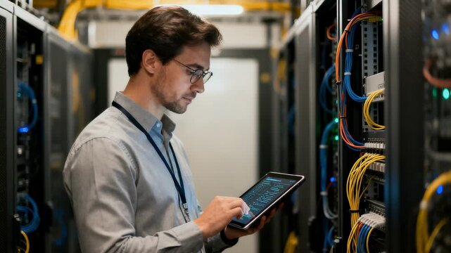 Focused medium shot capturing IT specialist monitoring data encryption protocols on a tablet in a server room with racks and cables softly blurred.