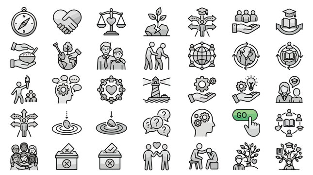 Social Values and Community Icon Set in Line Style. A collection of linear icons including justice, growth, education, voting, empathy, global networking, guidance
