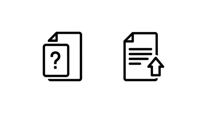 Question mark document icon and upload arrow document icon representing support ticket and ticket request, isolated on white background