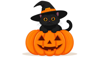 A cute black kitten wearing a magical witch hat sitting inside a carved orange jack-o'-lantern Vector © MDSUJON