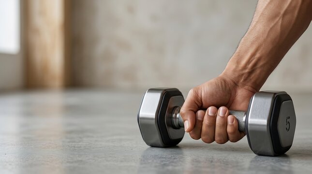 A man's hand grips the heavy dumbbell tightly 
