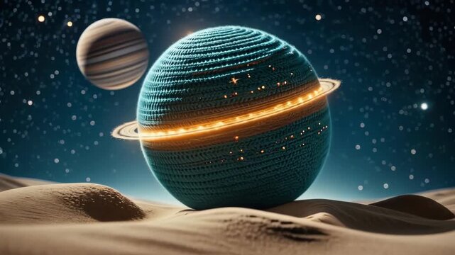 Futuristic ringed planet on alien desert landscape, sci fi space background
