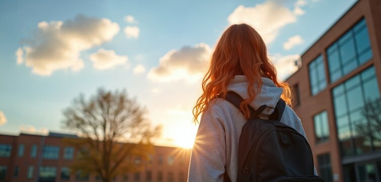 Girl with red hair and backpack walks towards school building at sunrise. Young student on campus starting academic year. Back to school, education, morning light.
