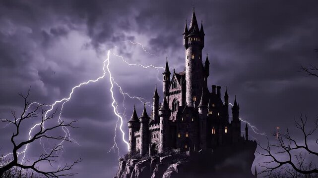 Eerie gothic castle silhouette against a stormy, lightning-filled sky, invoking a sense of mystery and gothic fantasy