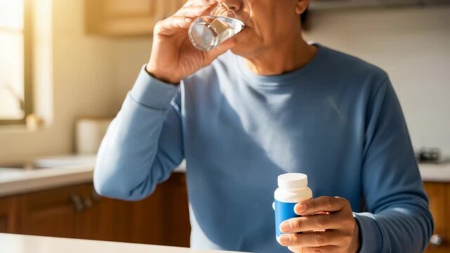 Senior man taking medicine with water in kitchen. Elderly patient swallowing pill for health recovery and treatment. Daily healthcare routine and support concept.