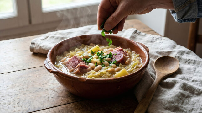 Garbure soup in earthenware bowl with ham hock and cabbage