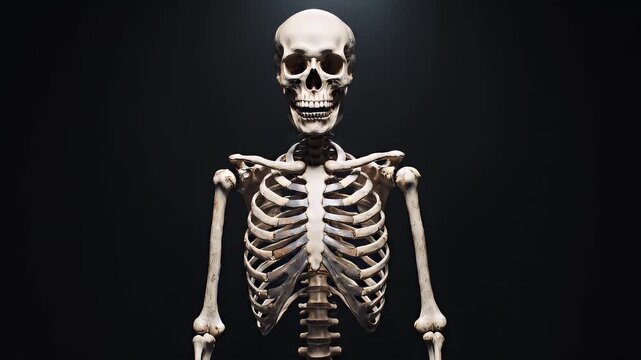 Human skeleton anatomy front view illustration with dark background