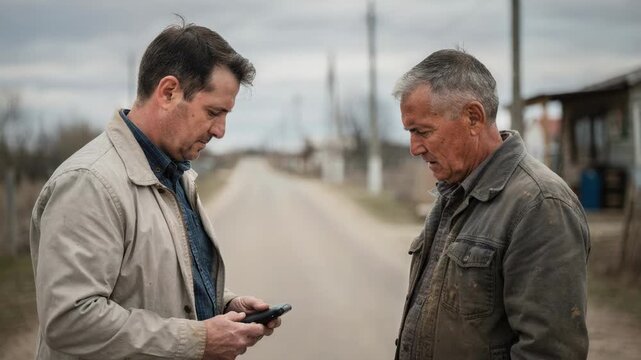 Medium shot of a reseller showing a portable wireless signal booster to a small rural shop owner the roadside and power lines artistically blurred behind them.