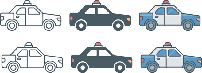 Set of six police car illustrations in line art, dark blue, and light blue-white styles arranged in grid © israena