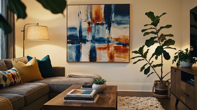 Cozy Modern Living Room With Abstract Painting And Plant.