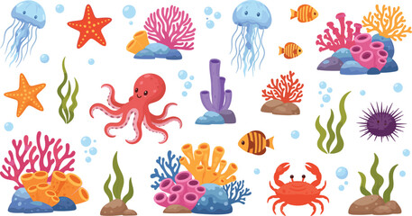Naklejka premium Colorful Coral Reef Vector Set Featuring Starfish, Jellyfish, Octopus, Crab, Sea Urchin, Fish, and Underwater Ocean Elements Illustration