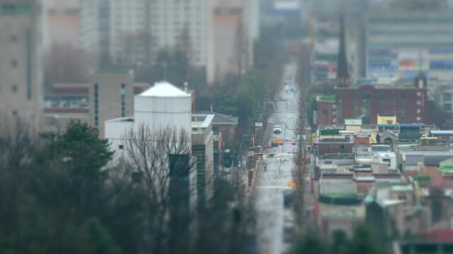 Miniature toy effect city traffic timelapse in a residential area of South Korea