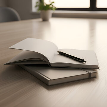 Blank Notepad and Coffee Cup on Wooden Desk, Blank Notebook Mock-Up with Coffee and Laptop, Blank Notebook and Pen on Wooden Desk.


