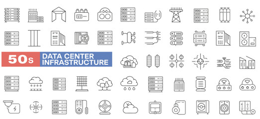 Extensive collection of data center infrastructure vector line icons for cloud computing and network technology. © tareq