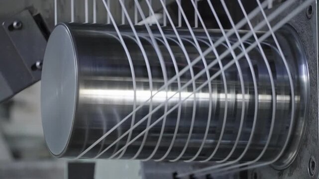 High-speed rotation of white threads on a metal cylinder during the textile weaving process in a factory.